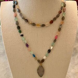 Multi-Colored Gemstone Necklace with Rose Quartz Pendant